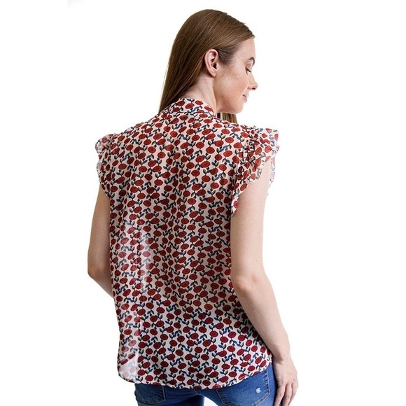 Red Poppy Print Button Up Blouse Lightweight w Cap Sleeves Size Small - Hey Viv - Picture 3 of 4